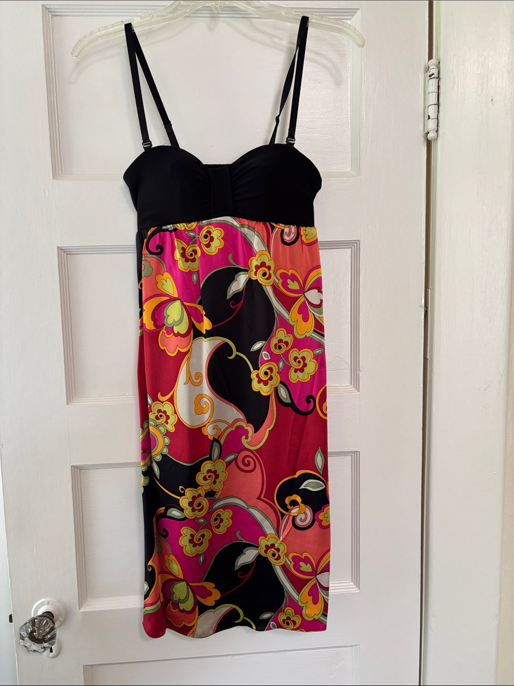 Black Bust Floral Silk Dress With Pink And Yellow Print